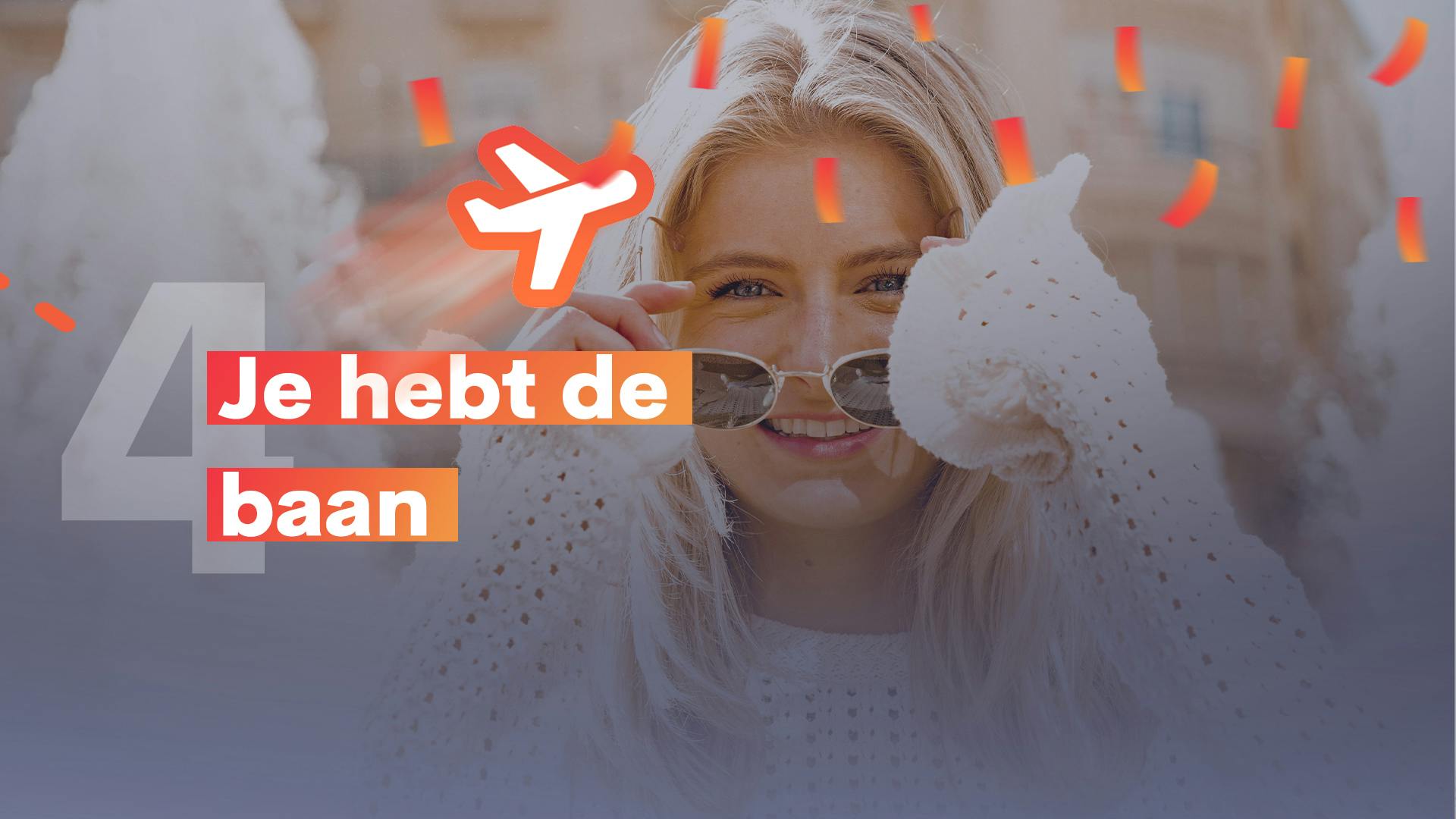 Meisje die haar zonnebril opdoet met symbolen van confetti dat naar beneden valt en een vliegtuig met de tekst 'Je hebt de baan'