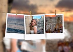 Drie polaroidfoto's aan een lijn met de zee, een blondharige vrouw op een balkon in een straat en een rooftopbar met zonsondergang