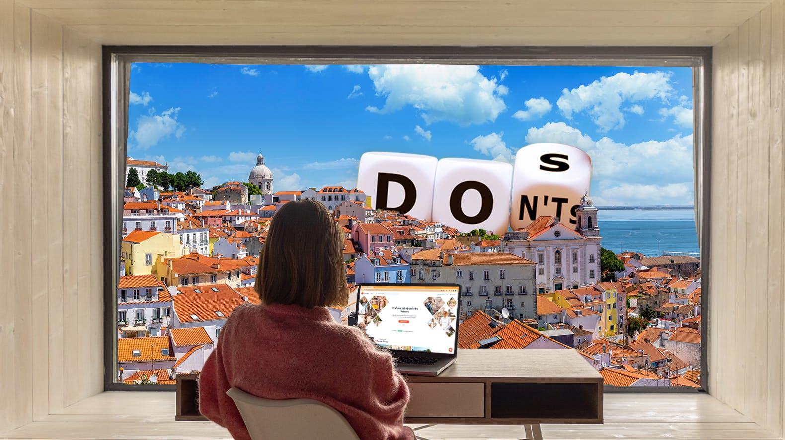 vrouw achter de computer met uitzicht op de stad en dobbelstenen op de huizen waarop staat 'Do's en 'Don'ts