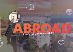 Het woord 'abroad', met daaromheen een foto van een vrouw die de gordijnen optrekt in een kamer en symbolen van een huis, een hart, een pin en de wereld. Op de achtergrond verschillende steden