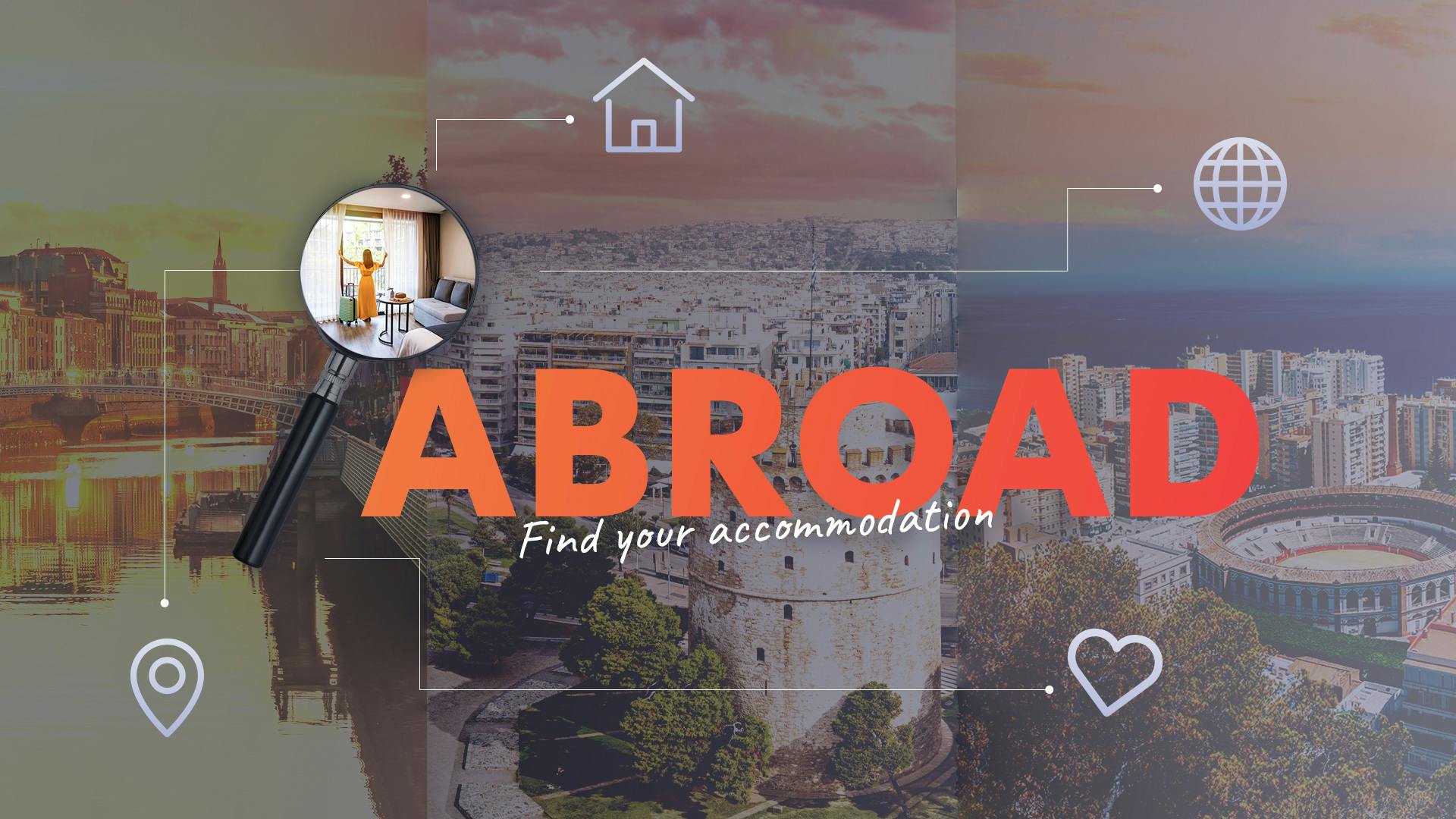 Slogan find your accommdation abroad und im Hintergrund eine Stadt