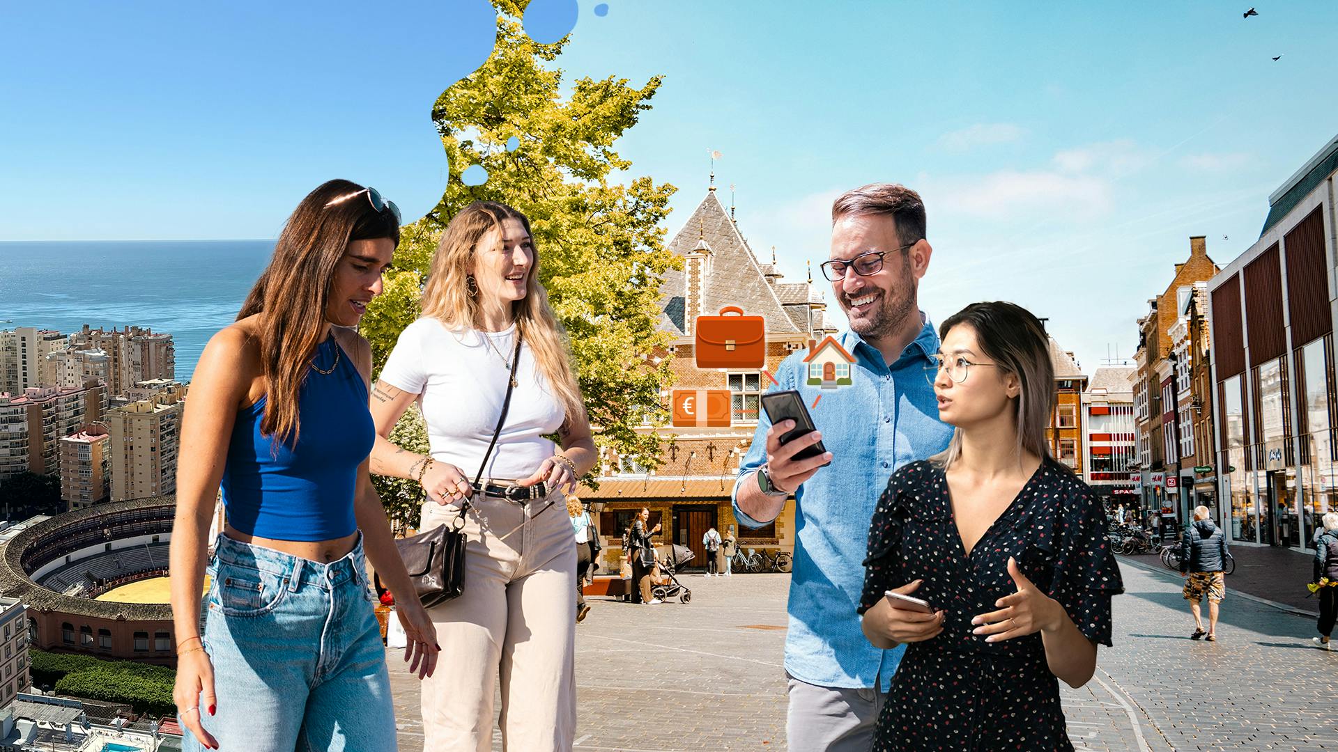 Links twee jonge meiden met de zee en een stadion op de achtergrond en rechts een man en vrouw met een telefoon in de hand op een plein in Nederland