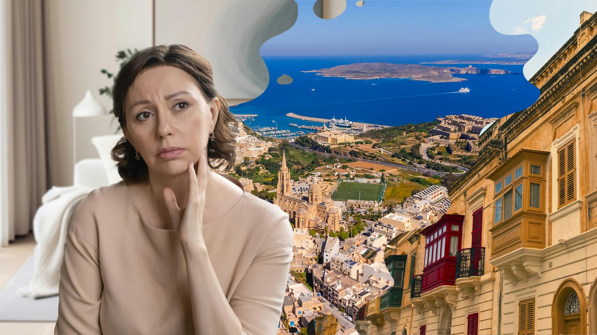 Vrouw die in haar slaapkamer zit en verdrietig kijkt met een foto van een stad en de zee in de vorm van een wolkje boven haar