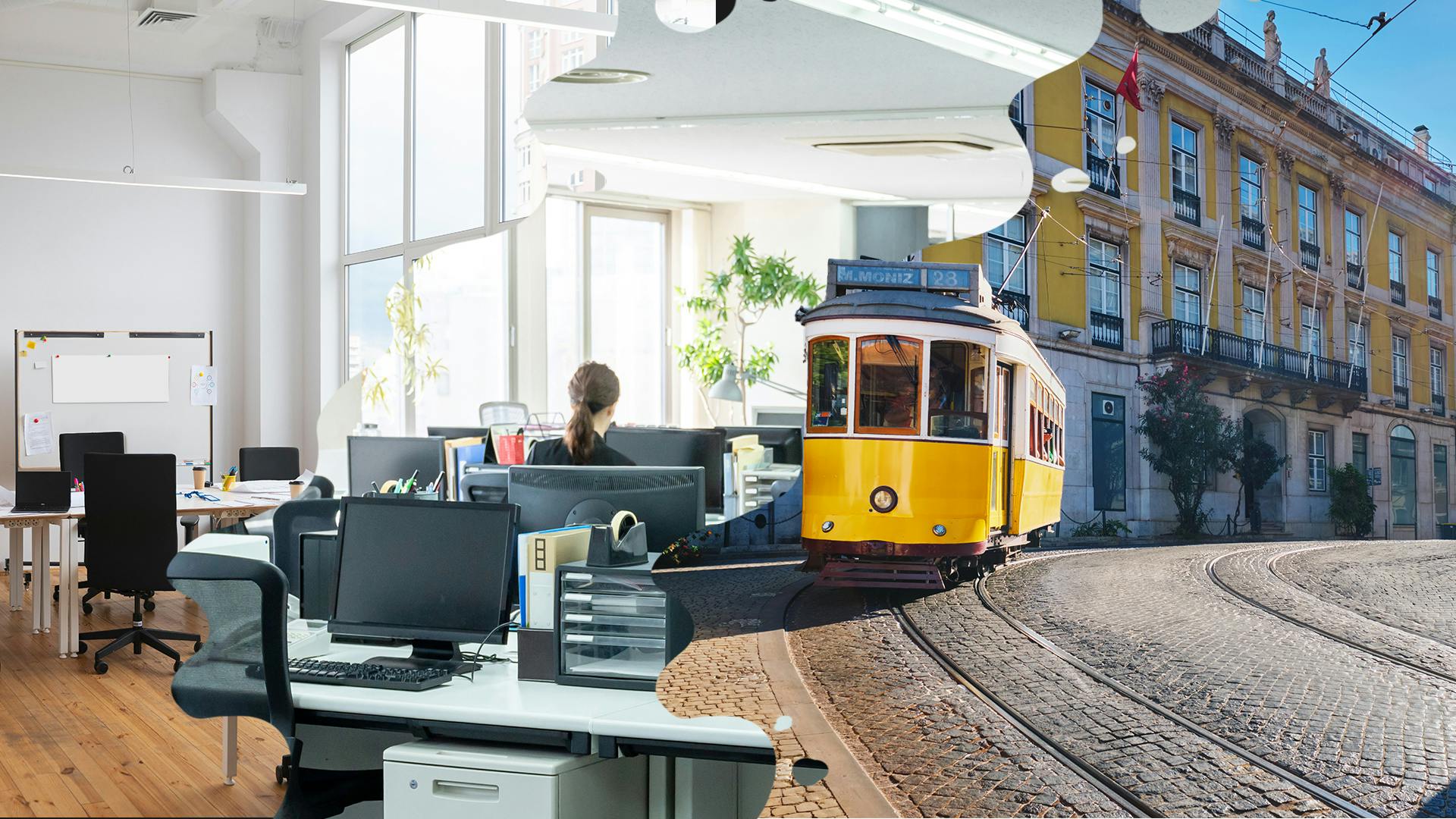 Twee foto's in een, rechts een gele tram in Lissabon en links een kantoor met computers en bureaus