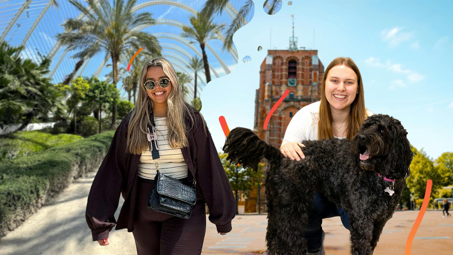 Mädchen mit Sonnenbrille in Valencia neben Mädchen mit einem Hund in Leeuwarden
