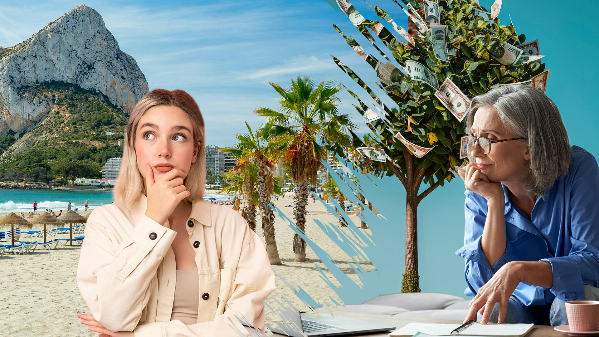 Mädchen am Strand und ältere Frau mit Unterlagen im Büro nebeneinander