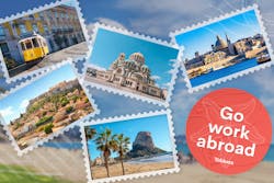 Slogan extend your summer abroad mit vielen kleinen Bildern von historischen Gebäuden und blauem Himmel