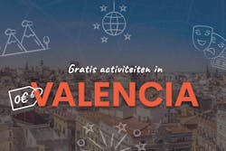 De tekst Gratis activiteiten in Valencia met eromheen symbolen van een discobal, bergen en sterretjes en op de achtergrond de stad