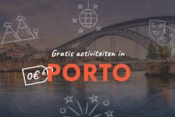 De tekst Gratis activiteiten in Porto met eromheen symbolen van een discobal, bergen en sterretjes en op de achtergrond een grote brug