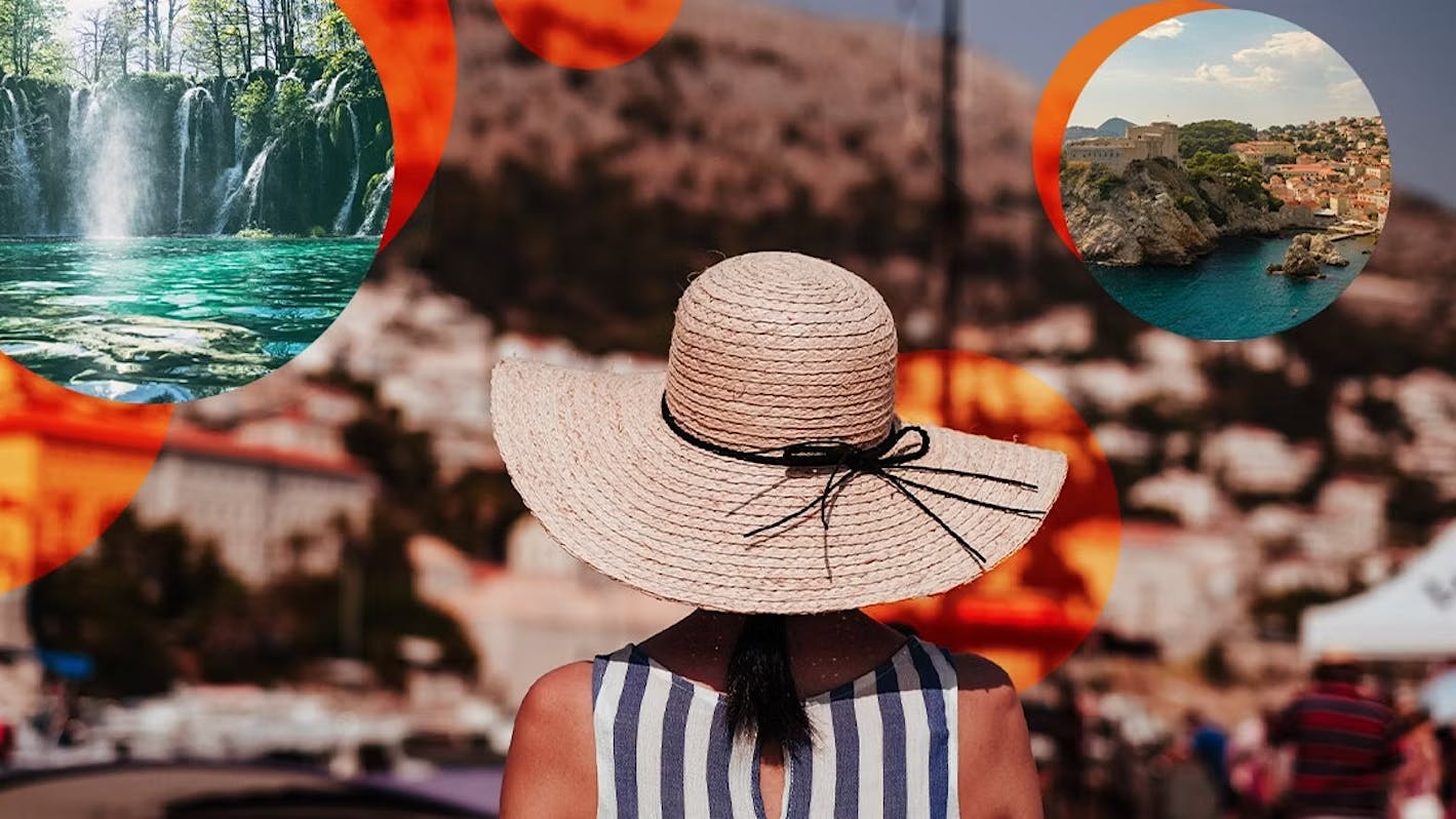 woman with a big heat is looking at nature and stands next to a picture of a waterfall
