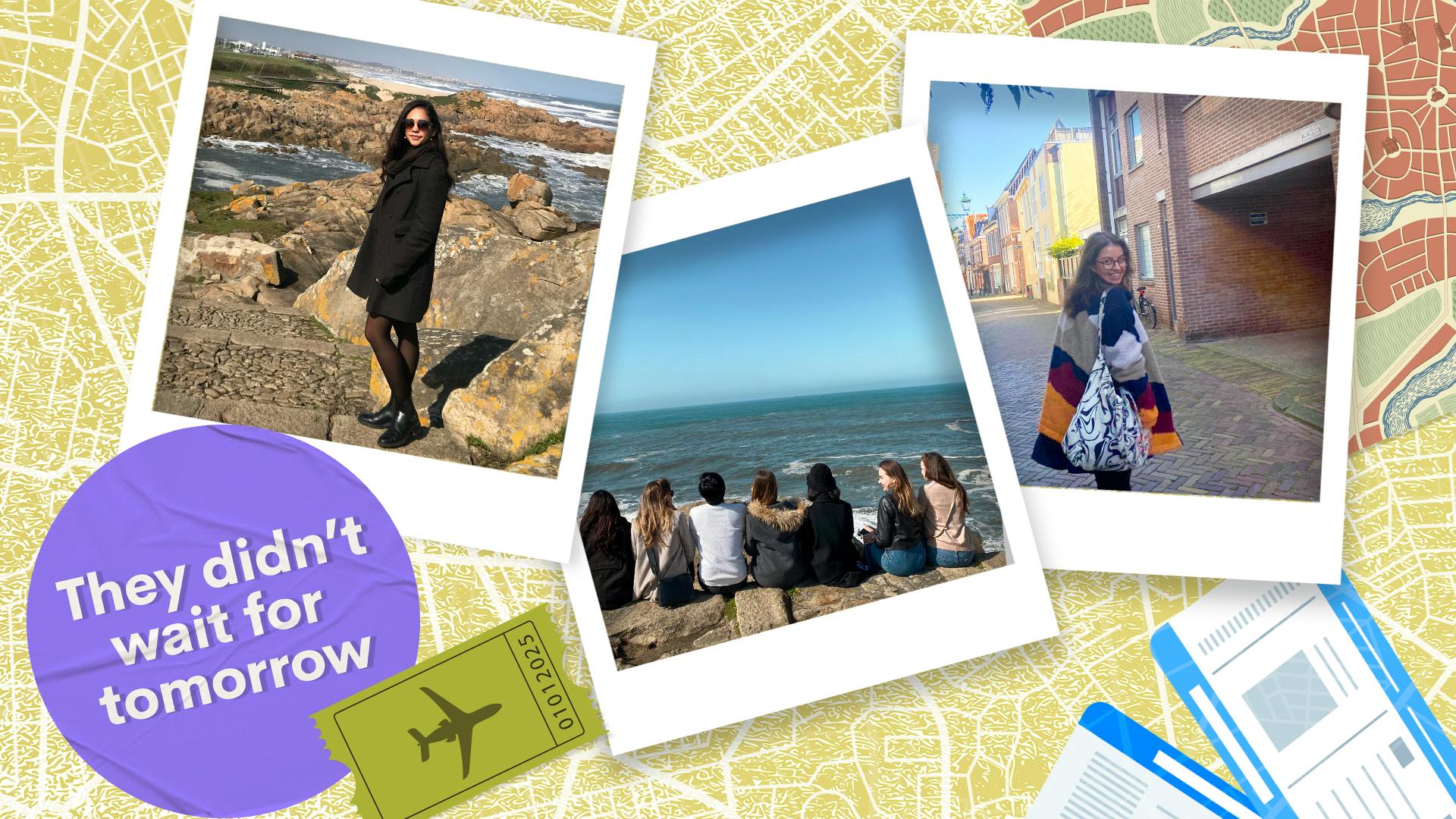 drie polaroidfoto's met 2 lachende meisjes en een groep vrienden op het strand, instapkaarten en een kaart