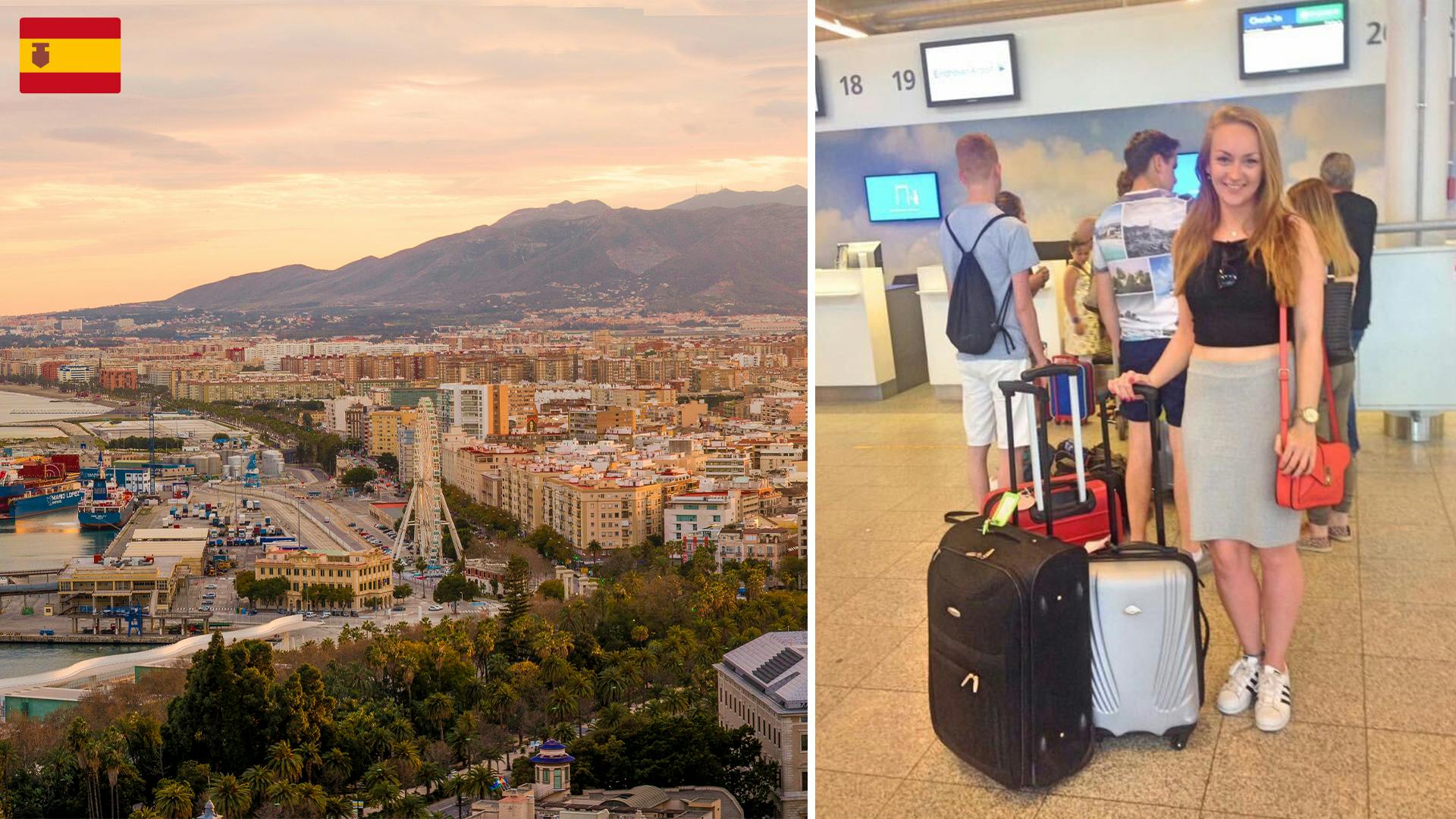 girl standing at the airport with a suitcase next to a picture of malaga