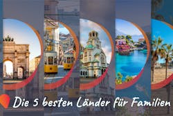 Bilder von fünf verchiedenen Ländern vor einem Strand