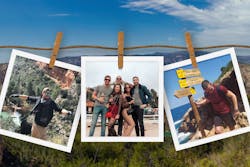 three images hanging on a line in front of mountains with people hiking on it