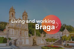 slogan living and working in braga in front of and historic building