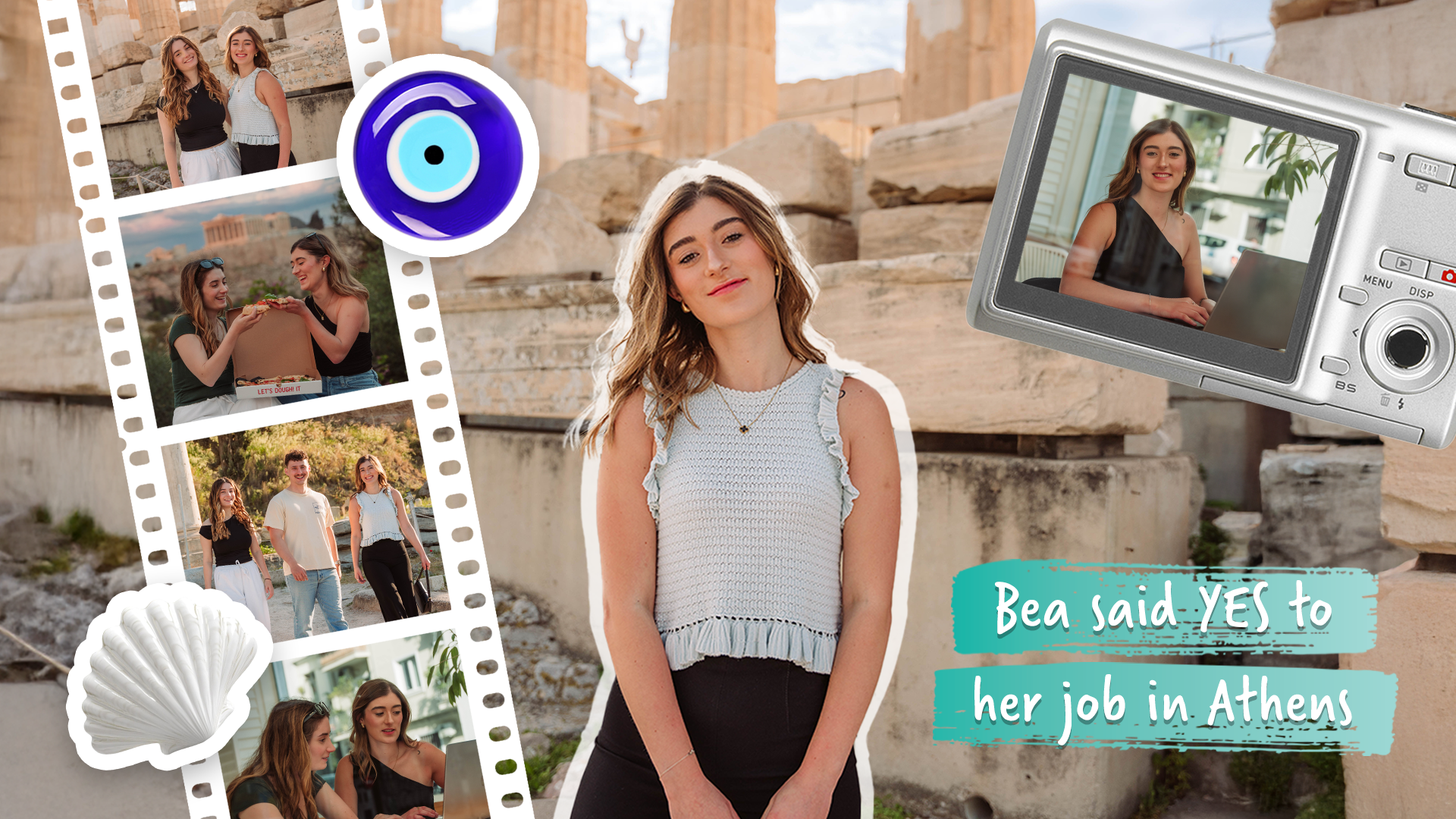 girl standing by the acropolis next to a camera