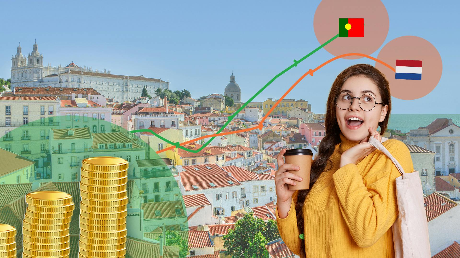 Blije vrouw met koffie en geld. Daarachter is Portugal met een Portugese vlag en Nederlandse vlag