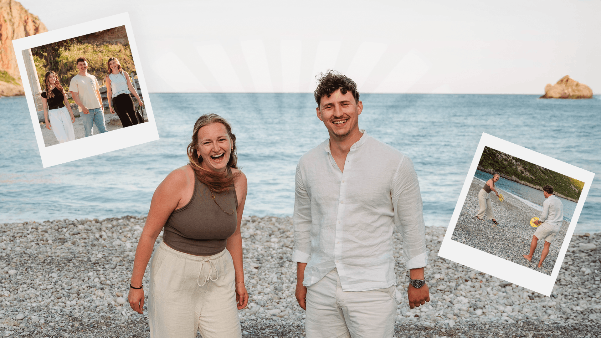 Mädchen und Junge stehen am Strand und daneben Polaroid Bilder mit Freunden