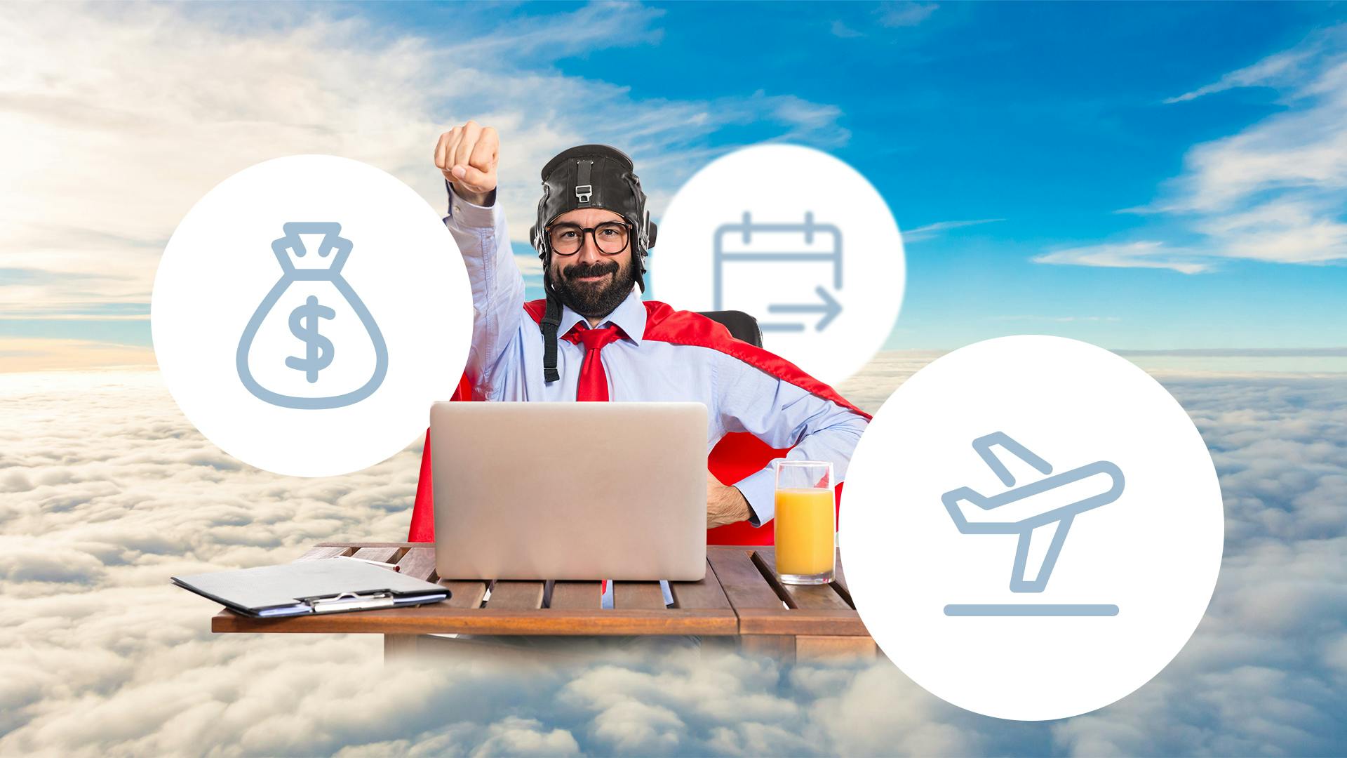 Man in de wolken met een cape achter een bureau met laptop