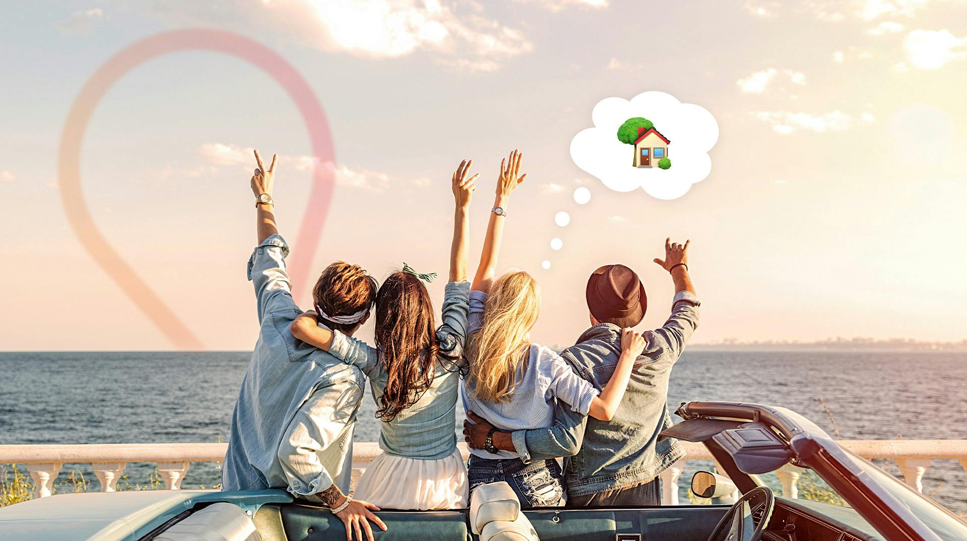 eine Gruppe von Freunden sitzt auf einem Auto vor dem Meer, umarmen sich und strecken ihre Arme in die Luft und darüber ein Haus Emoji
