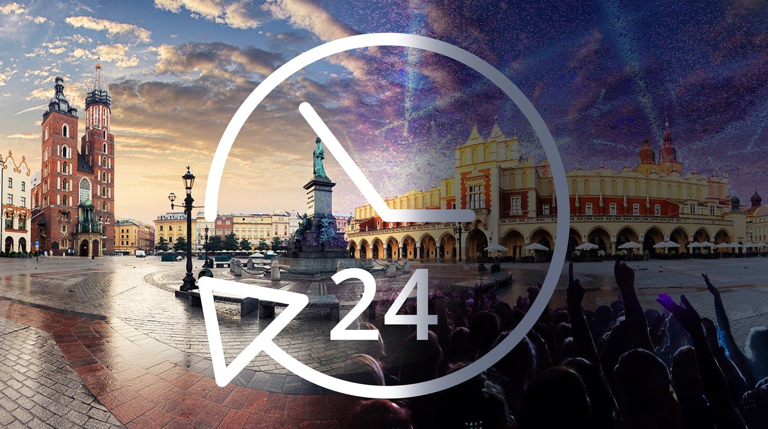Krakau bei Tag und Nacht vor einer Uhr