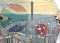 Uitzicht op Johannesburg met een Zuid-Afrikaanse vlag