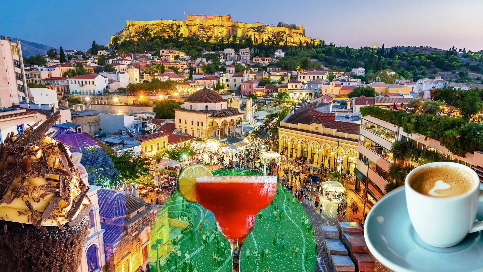 Kaffee, Cocktail und Eis vor einem Bild von Athen bei Nacht