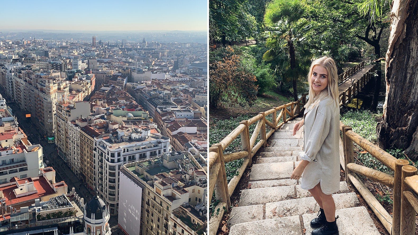 Madrid von oben neben einem Foto von einem Mädchen im Wald