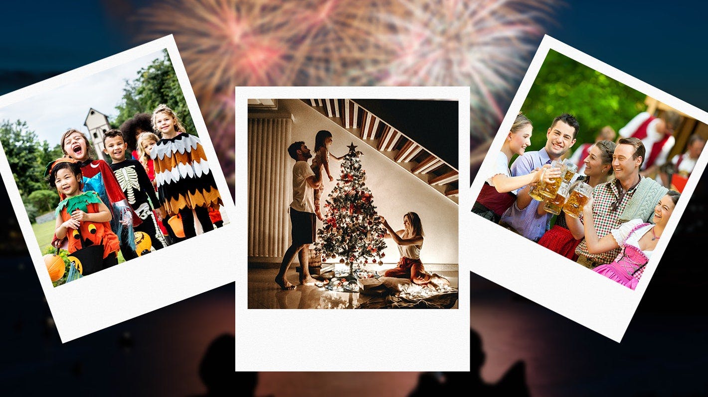 drei Polaroids mit Familien und einem Weihnachtsbaum