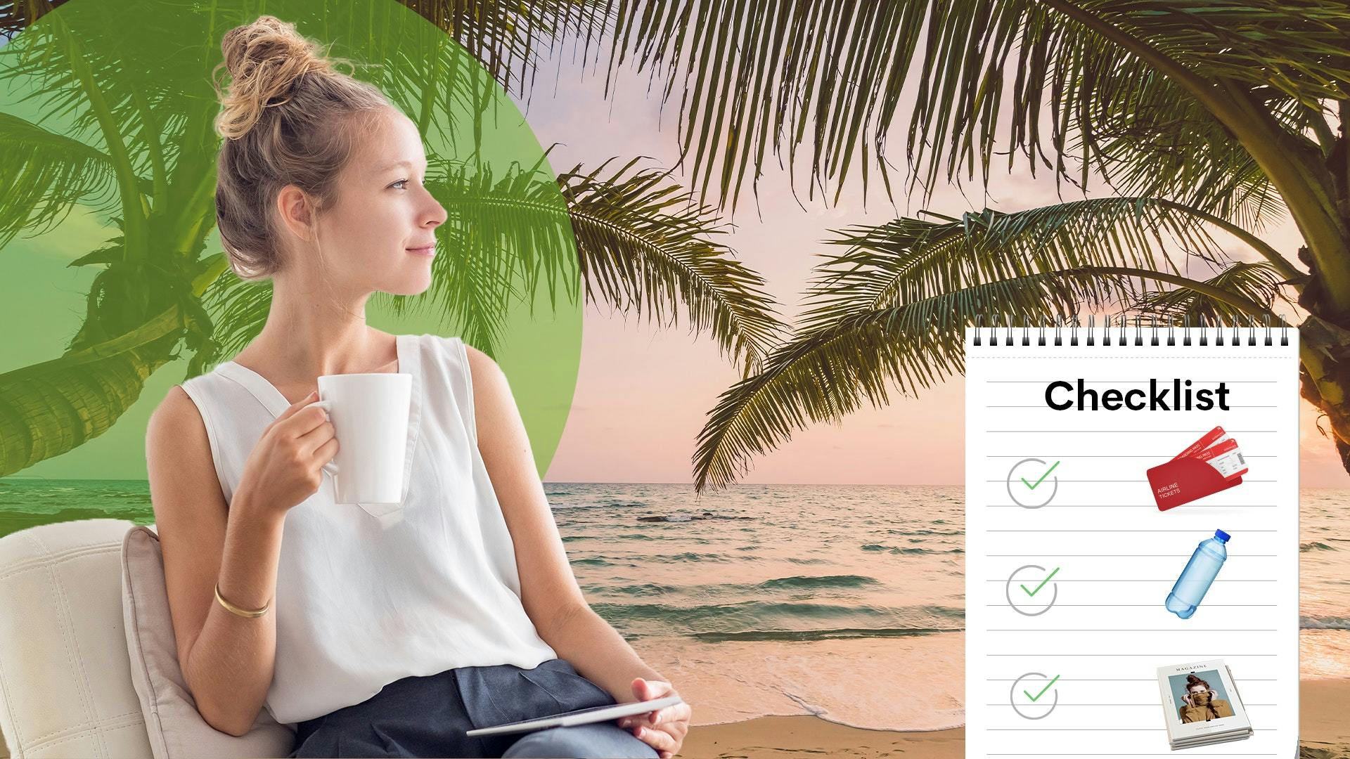 Mädchen mit einer Tasse in der Hand sitzt neben Palmen bei Sonnenuntergang und einer Checkliste