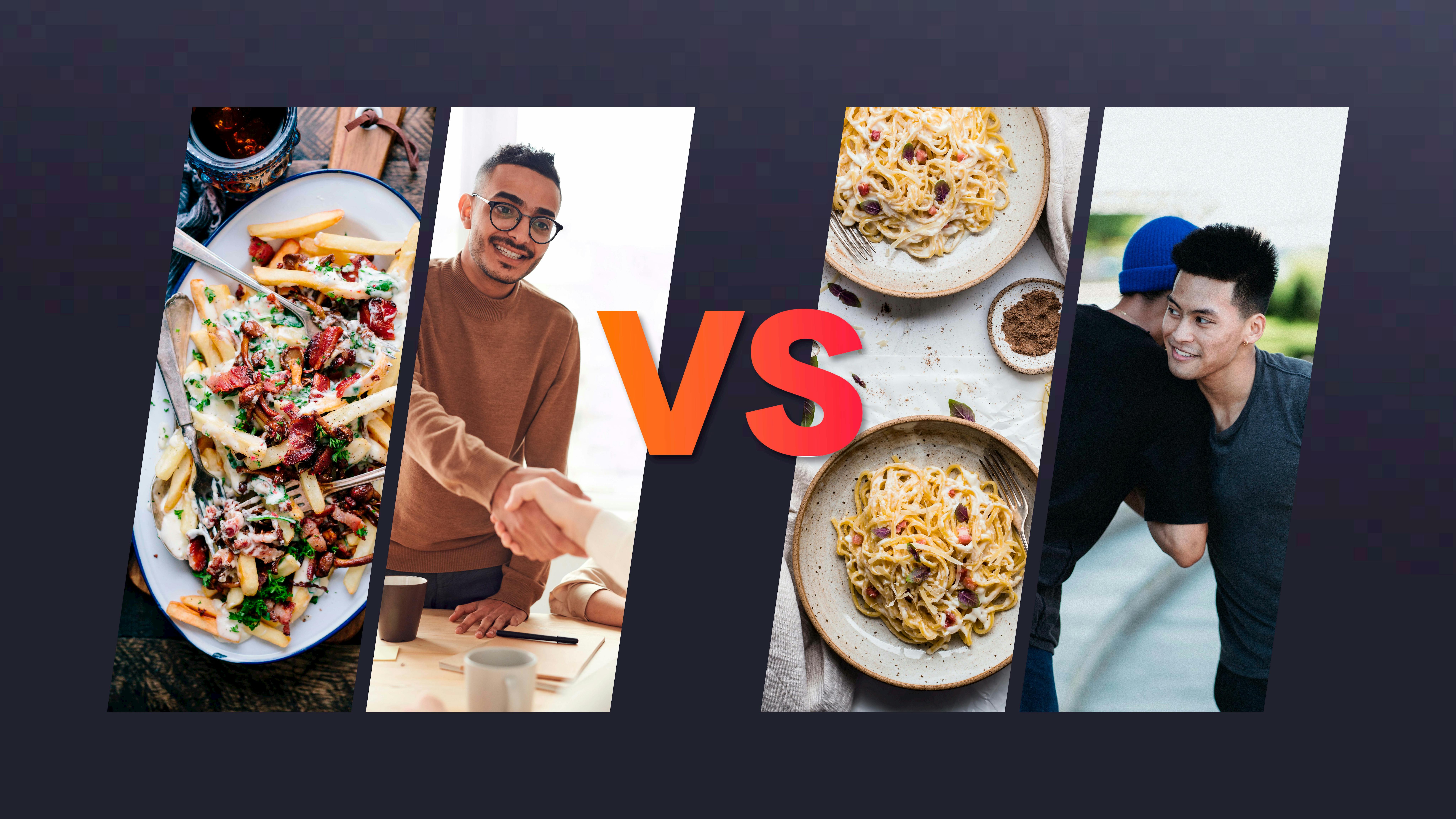 zwei Bilder von Pasta und von Männern