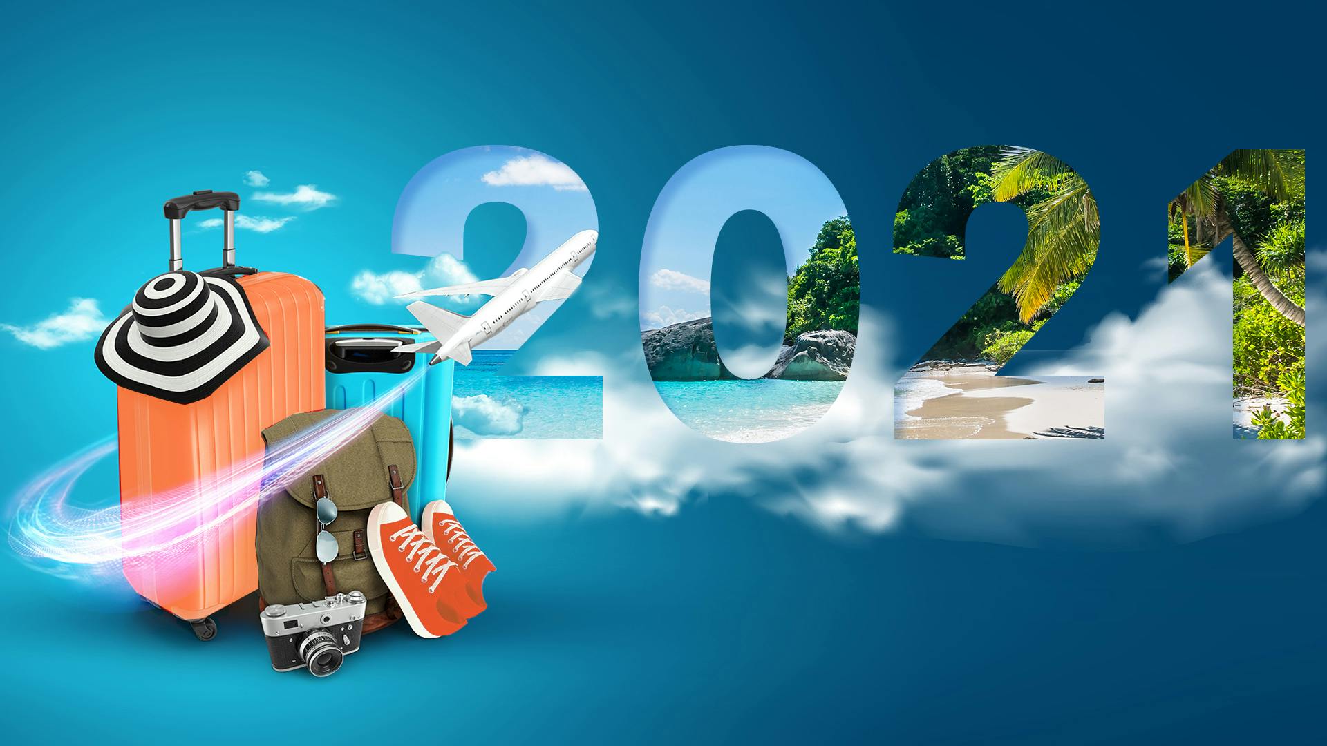 zwei Koffer, Schuhe und ein Hut neben einem 2021 Symbol