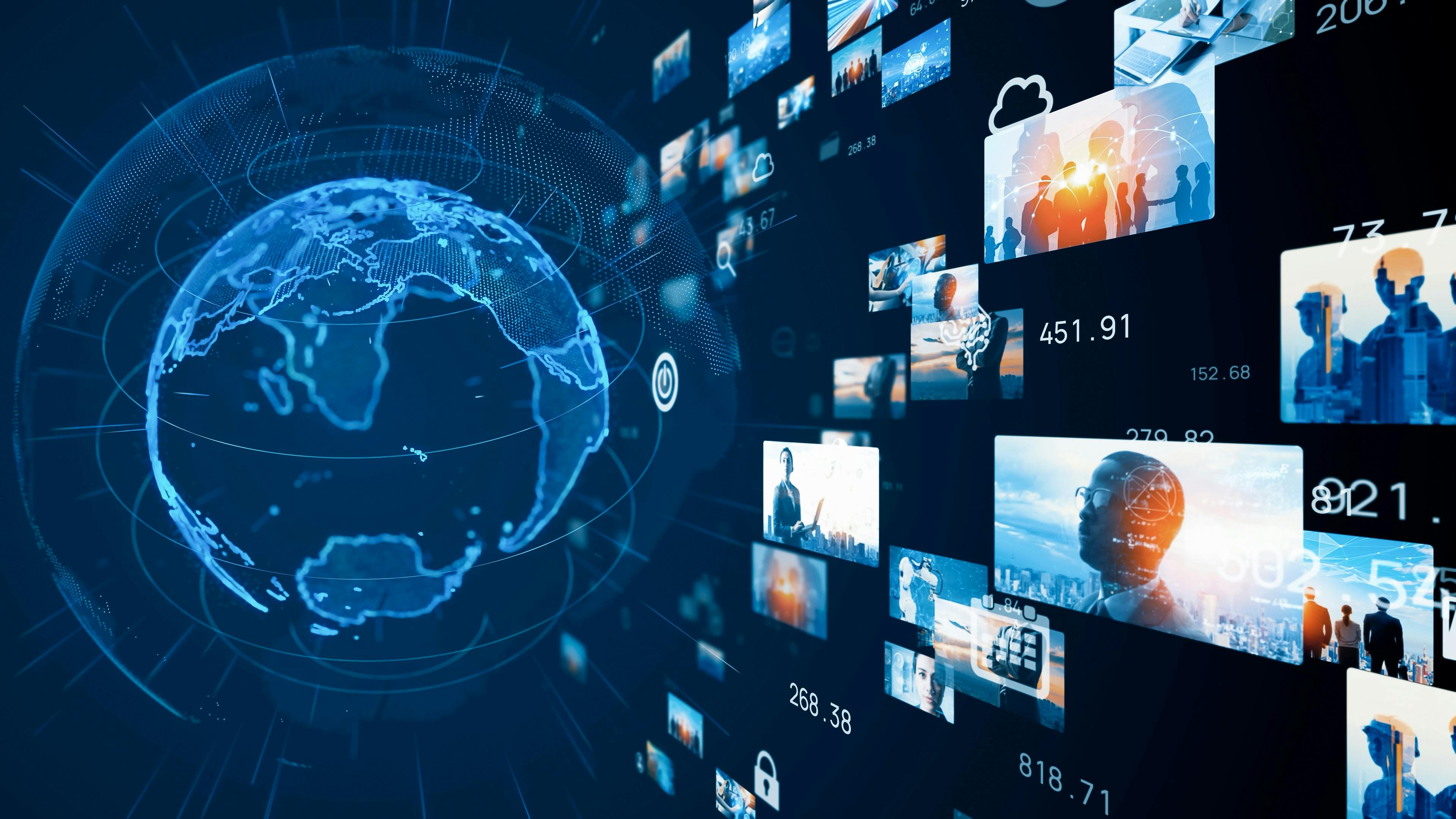 Netzwerk aus einer Weltkugel und daneben viele Bilder