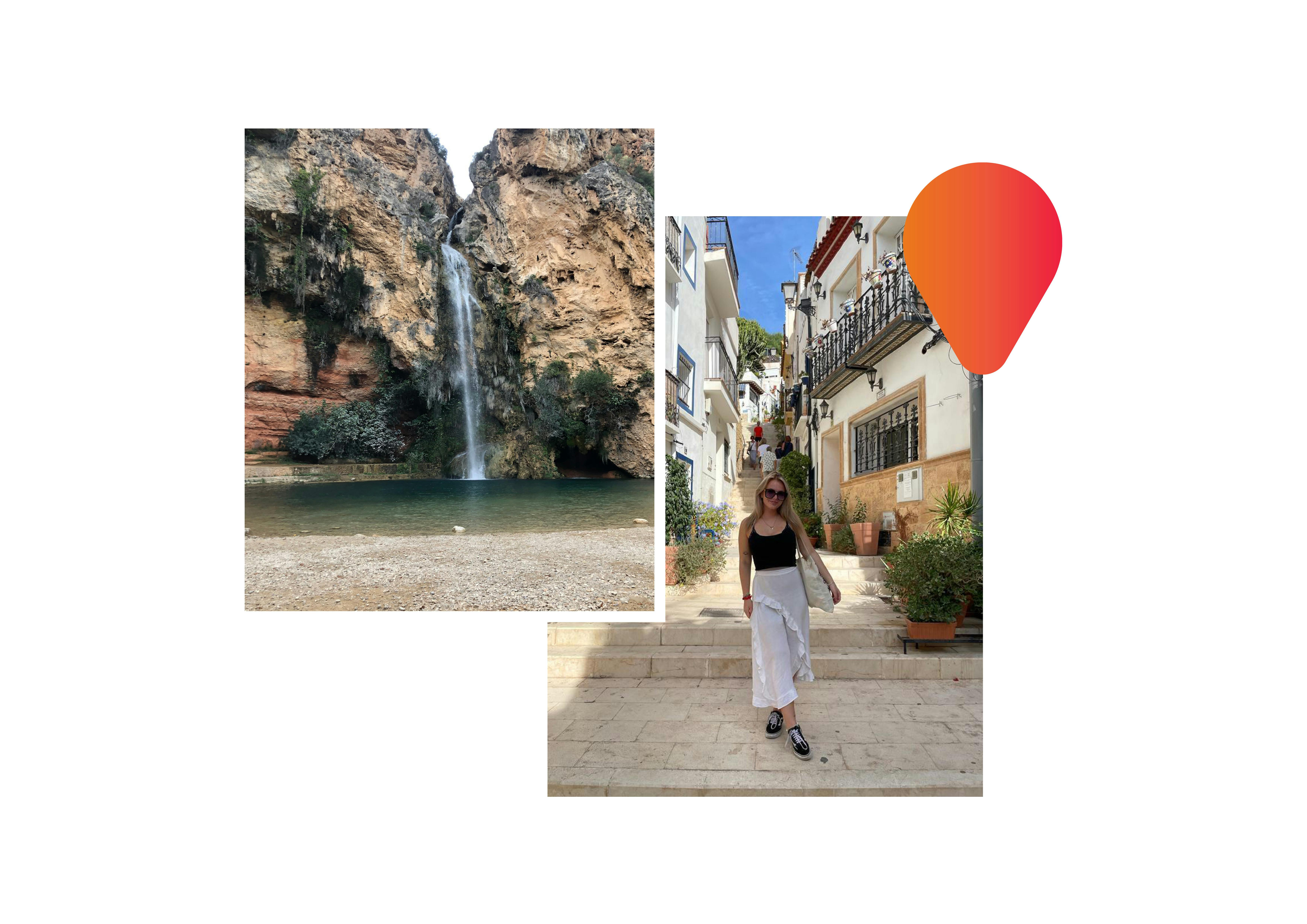 ein Bild von einem Mädchen in Valencia und daneben ein Bild von einem Wasserfall