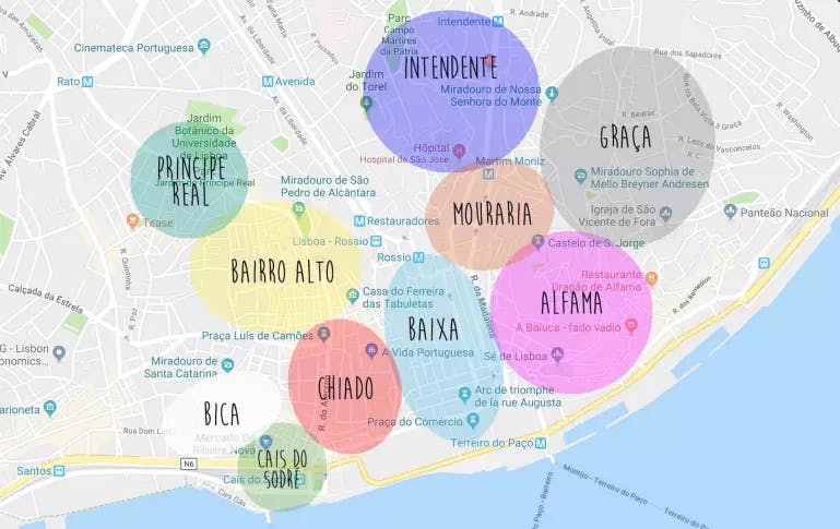 Viertel in Lissabon auf einer Karte