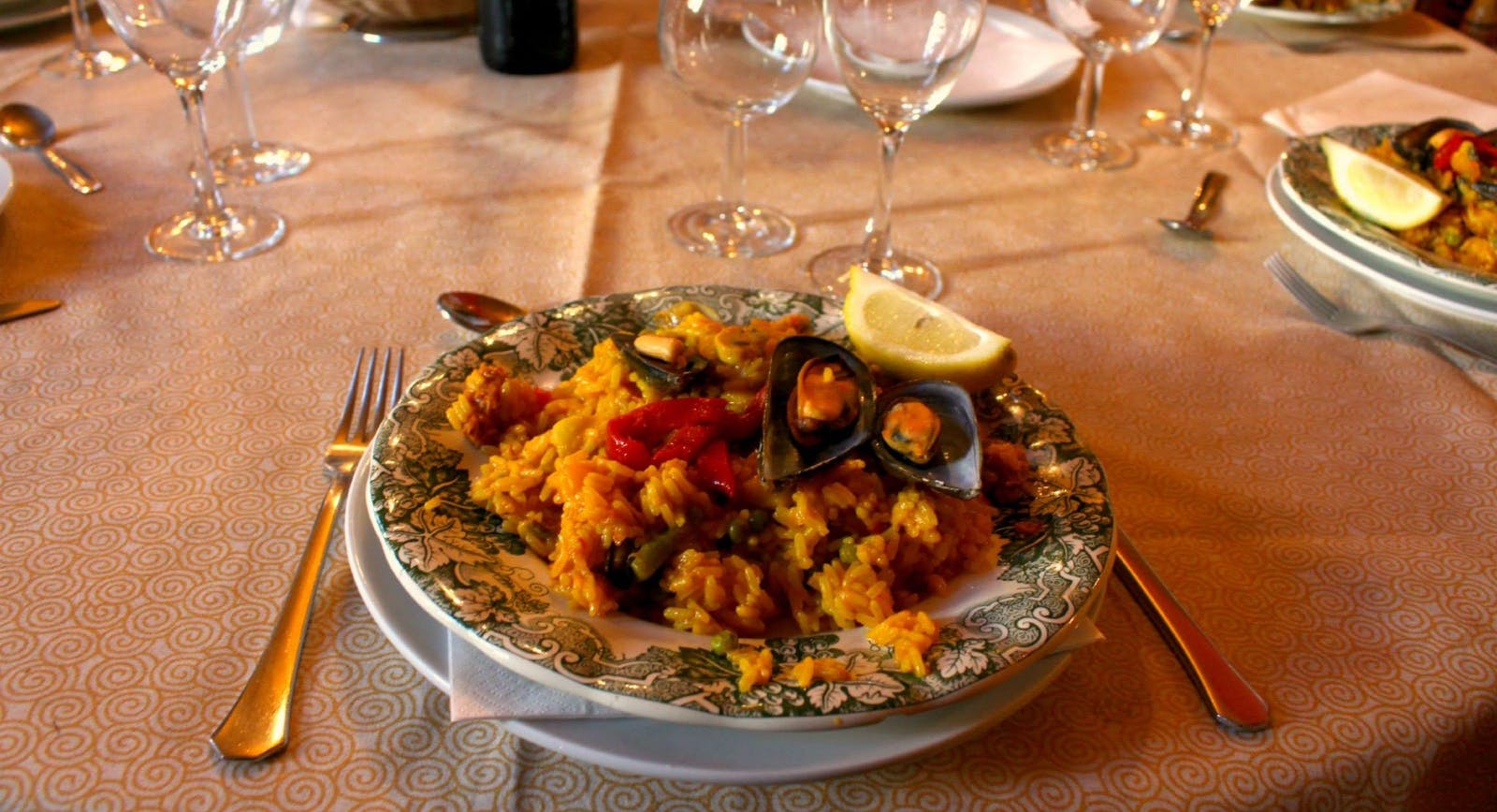 paella on a plate in a restaurant