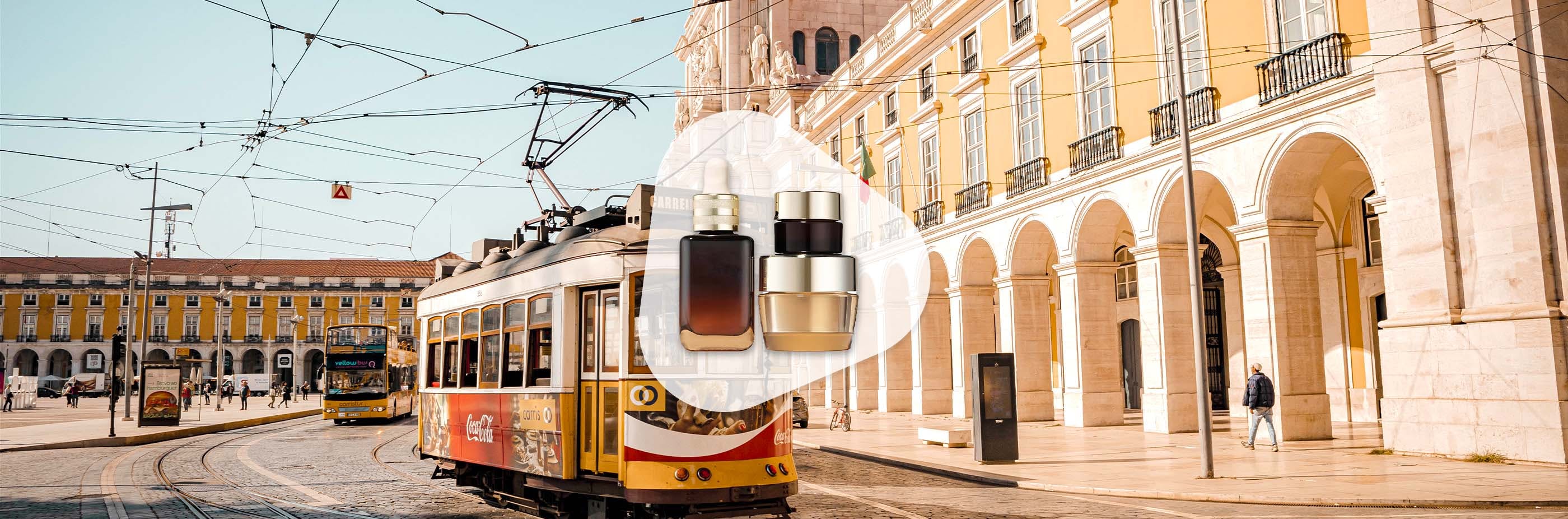 Estee Lauder Produkte vor Tram in Lissabon