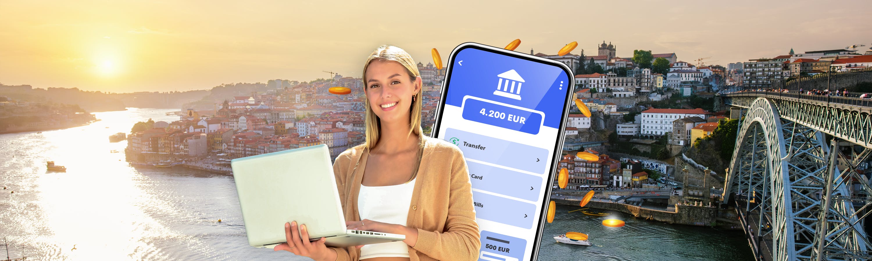 mädchen am laptop steht vor der brücke in porto vor einem smartphone mit baknummern drauf