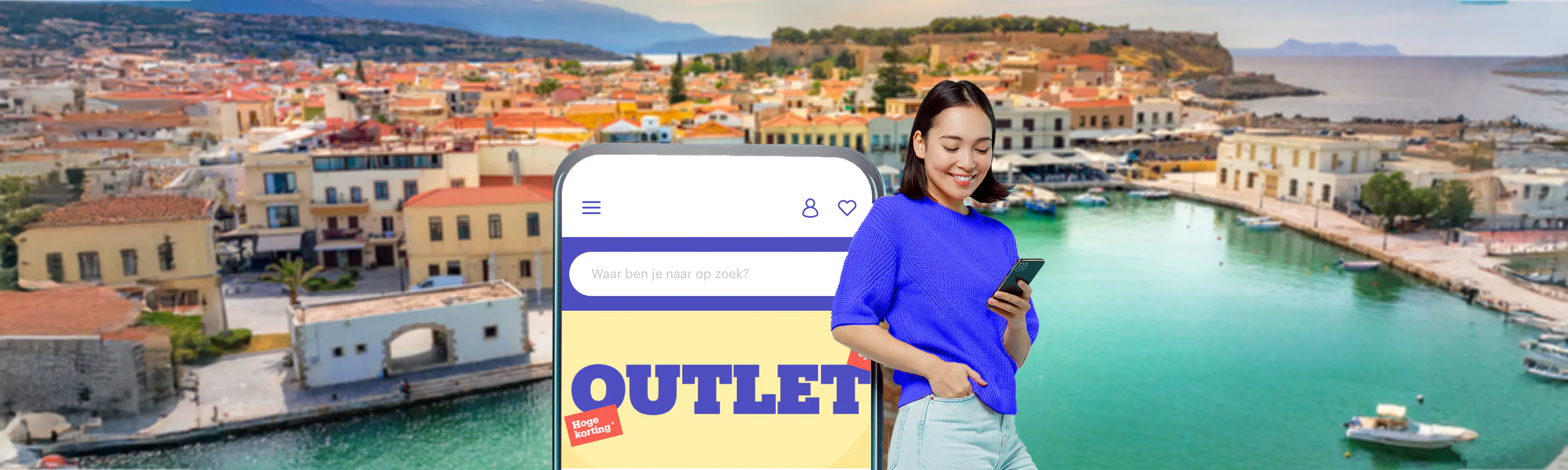 women with a blue tshirt holding a phone next to a phone that says outlet