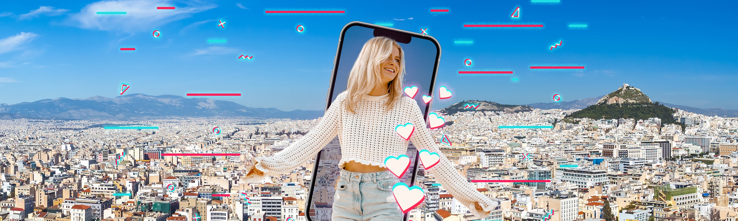 Meisje voor een telefoonscherm in Athene met veel huizen op de achtergond