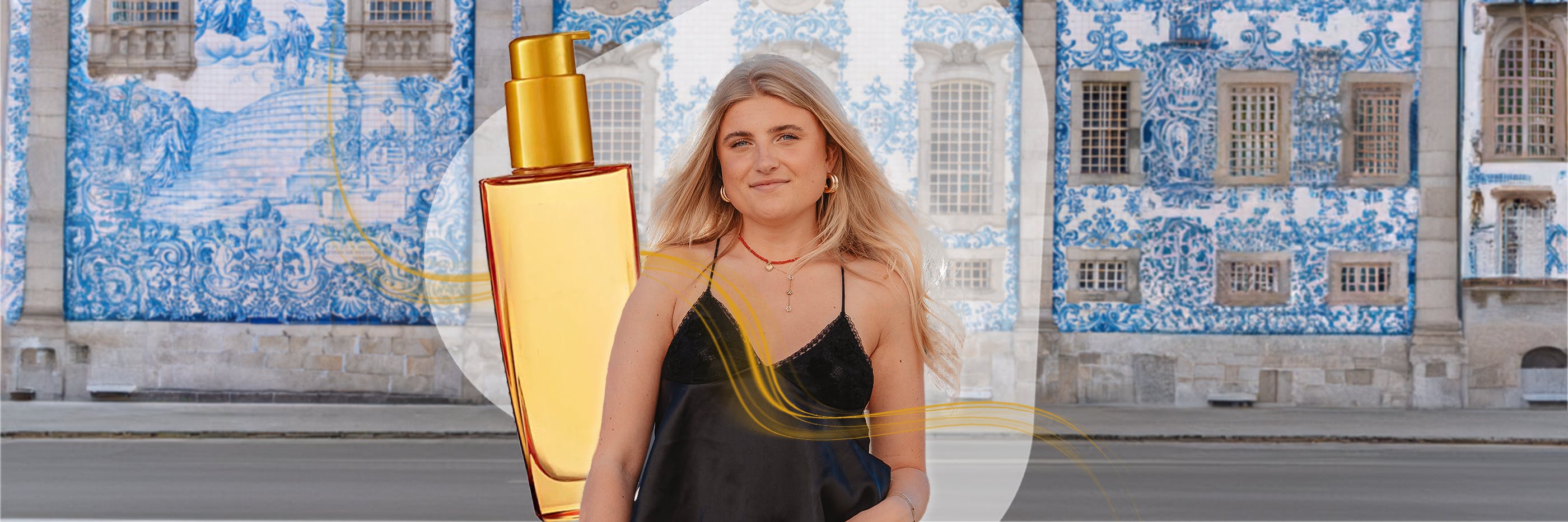 Blond girl smiling with a beauty product on the side