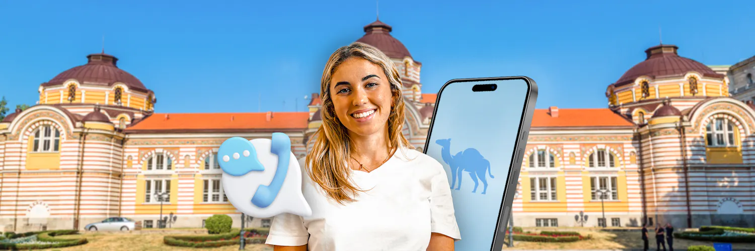 girl in front of an old building ext to a phone and a speaking bubble