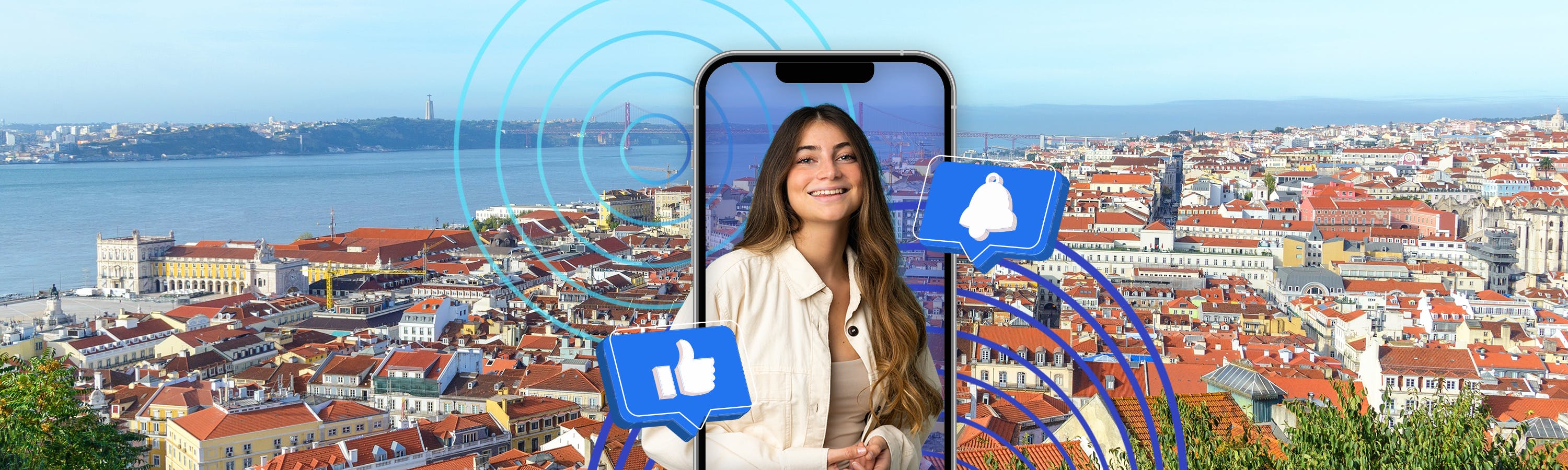 Meisje in een telefoonscherm naast symbolen van meldingen met op de achtergrond Lissabon