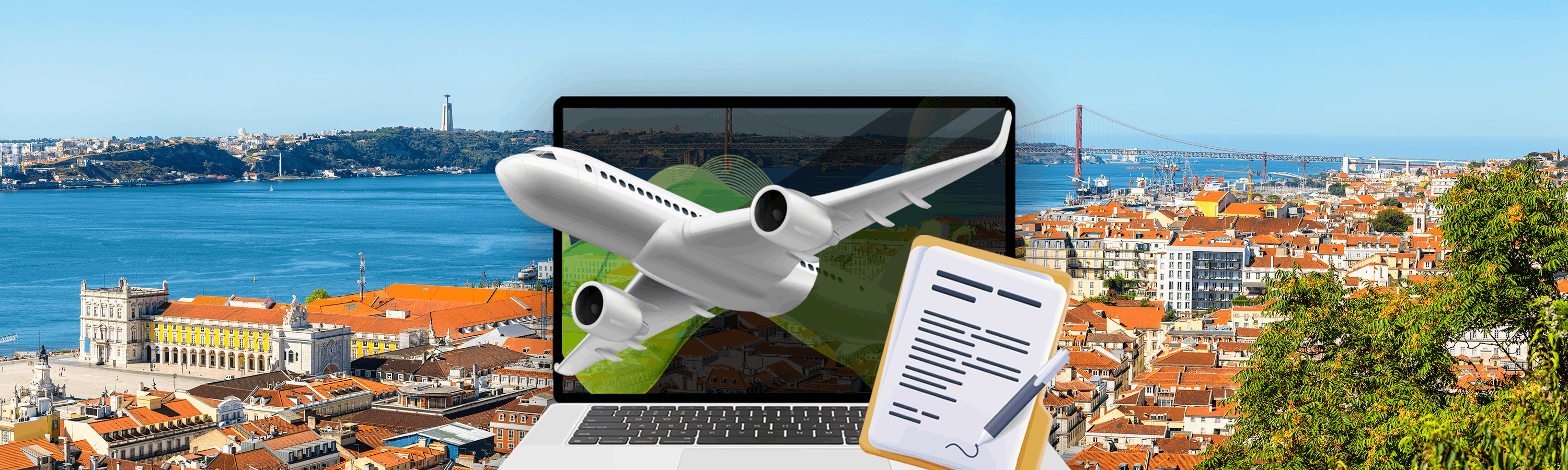 flugzeug kommt aus einem laptop neben einer liste in lissabon