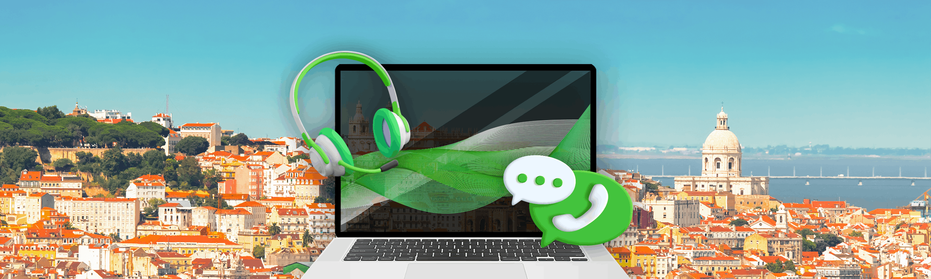 Laptop naast een groene headset en een telefoonsymbool voor huizen in Lissabon