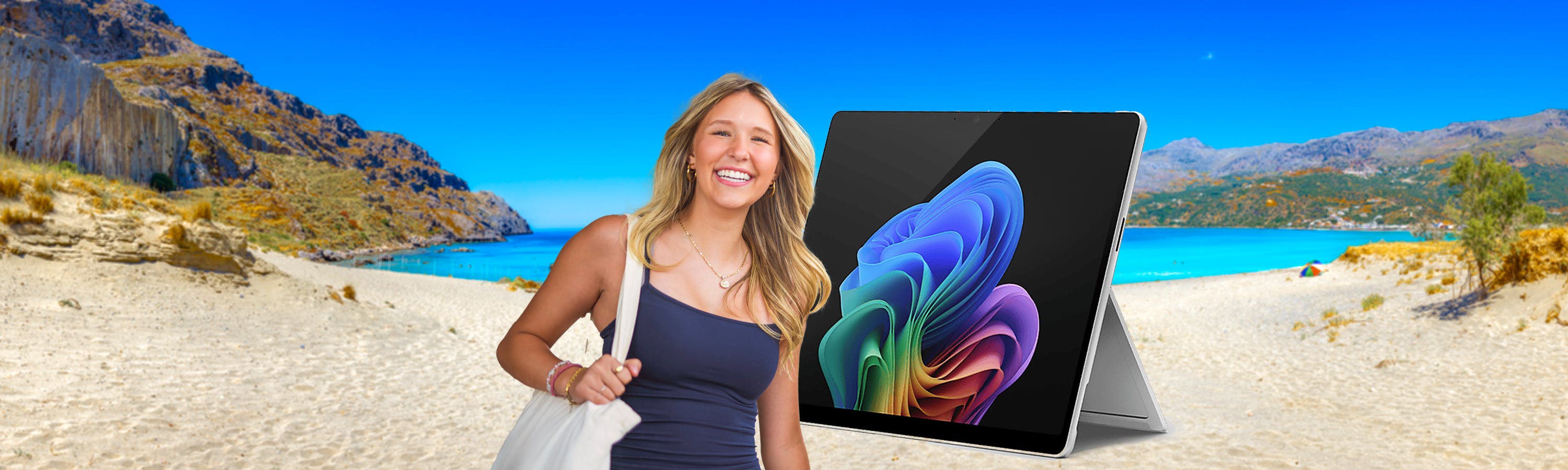 girl with a tote bag is next to an ipad at a beach in greece