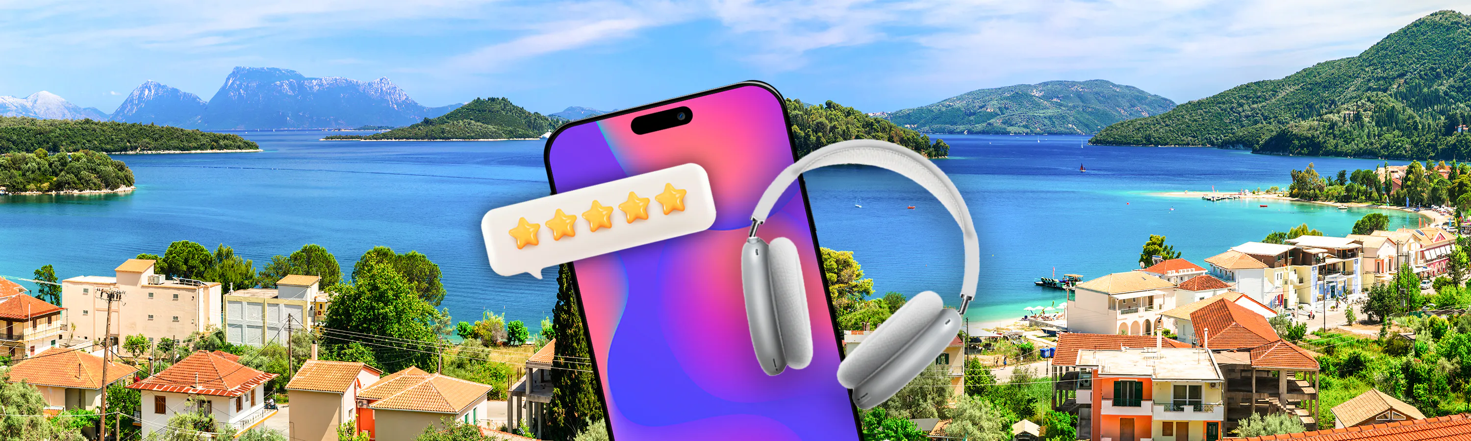 smartphone next to headphones and stars in front of a beach
