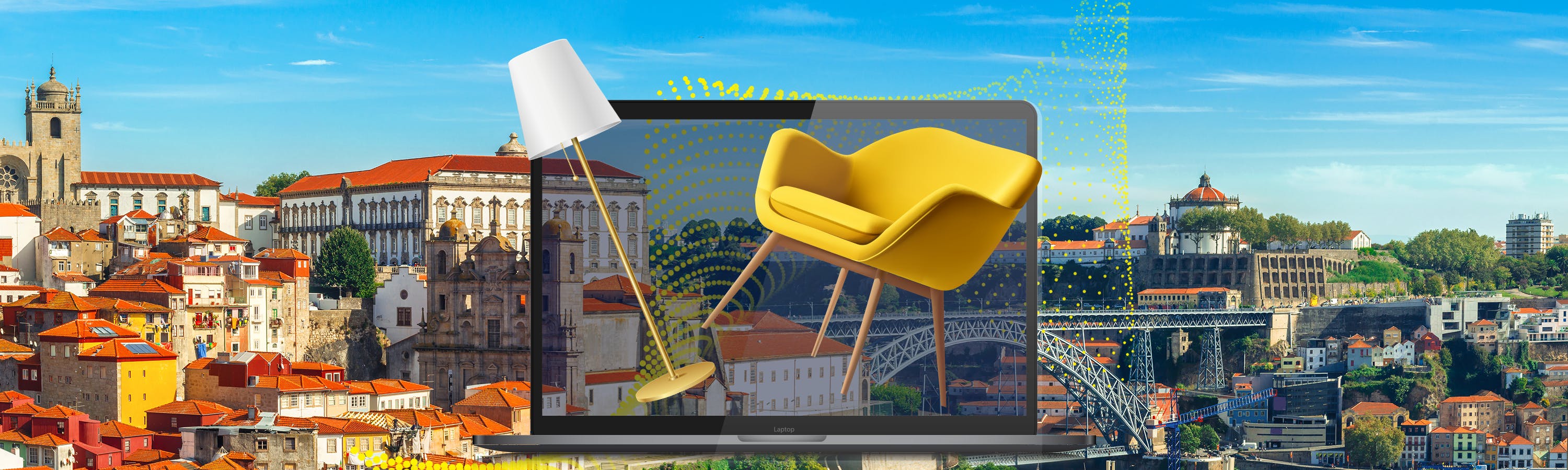 yellow chair and lamp on a black screen in lisbon