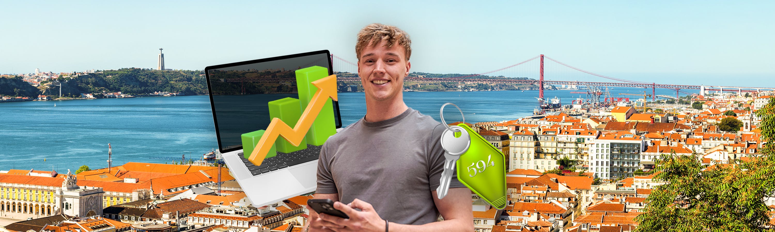 mann steht neben einem schlĂĽssel und diagram in lissabon am meer