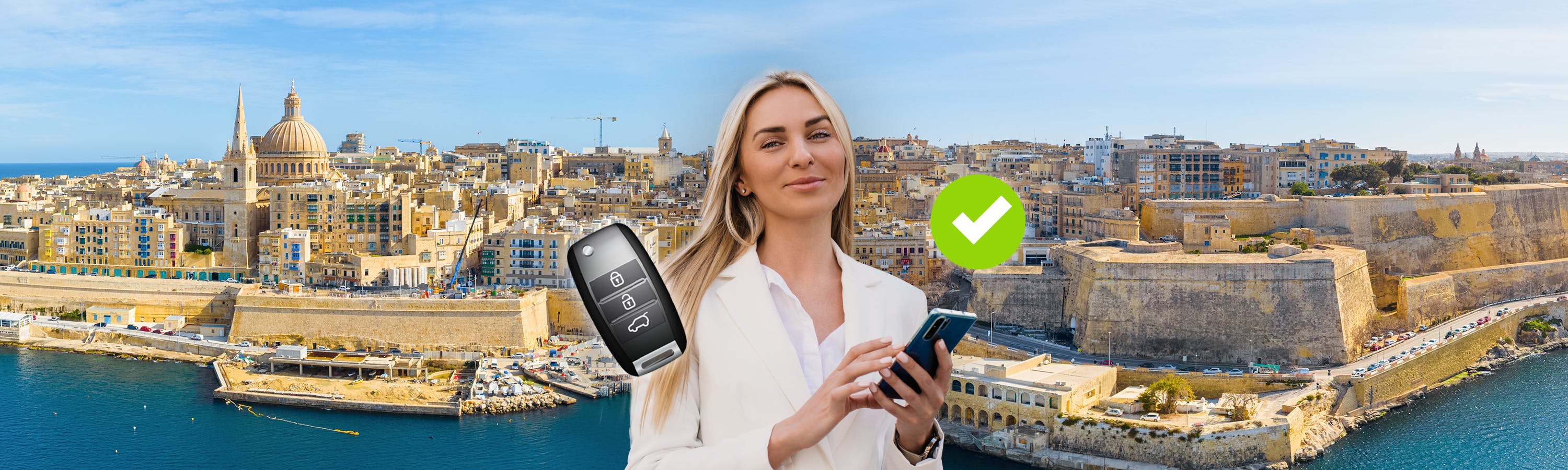 girl holding her phone next to a car key on malta